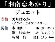 2010年7月　発売予定　「湘南恋あかり」 女性 美月はるか（よかにせどんファミリー） 男性 本田修一（リーダー）・浜ゆたか・冬樹龍